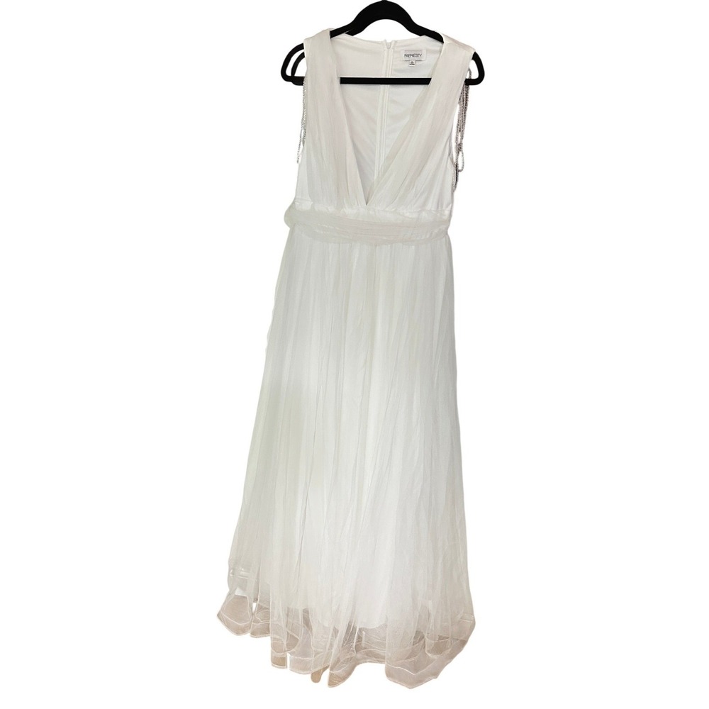 Faeriesty Plunging Neck Ruched Mesh Wedding Dress Beaded Arm Detail XL White
